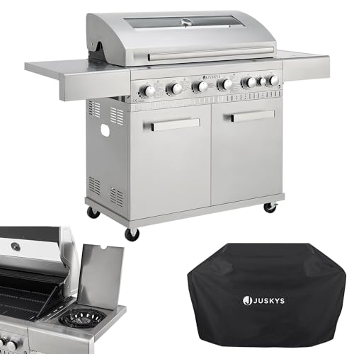 Juskys BBQ Gasgrill Minnesota - 6 Brenner und 1 Seitenbrenner - XXL Edelstahl Gas Grill mit Gusseisen Grillrost, Kochfeld, Unterschrank für Gasflasche