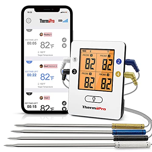 ThermoPro Bluetooth 5.0 Digital Bratenthermometer Grillthermometer Funk Fleischthermometer mit 4 Sonde für BBQ, Garraum, Smoker, Steak, Unterstützt IOS, Android, Reichweite bis zu 150m