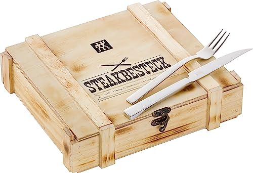 ZWILLING Steakbesteck Set für 6 Personen, 12-teilig, 6 Steakmesser und 6 Steakgabeln, Inkl. Holz-Aufbewahrungskiste, Rostfreier Edelstahl / Holz